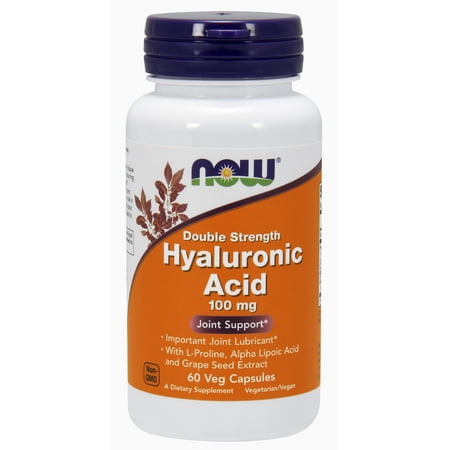 100 Mg Extract NOW Supplements, Hyaluronic Acid 100 mg, Double Strength with L-Proline, Alpha Lipoic Acid and Grape Seed Extract, 60 Veg Capsules ()