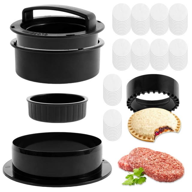 Patty Maker Prensa para Hamburguesas con 100 Papeles de Cera, Prensa para Hamburguesas, Molde para Hamburguesas de Carne de Res y Vegetales Antiadherente 4 en 1, Gadgets de Cocina para Hacer Patty pa
