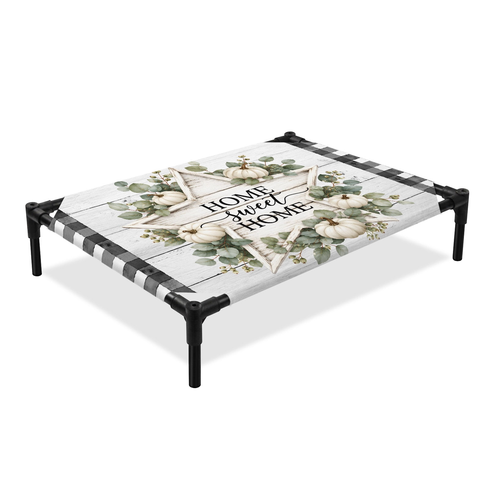 Sweet Home Elevated Dog Bed, Rustic Country Star White Pumpkin Eucalyptus Leaf Cooling Breathable Outdoor Raised Dog Cot Bed with Metal Frame Non-Slip Feet for Large Dog 28x22in