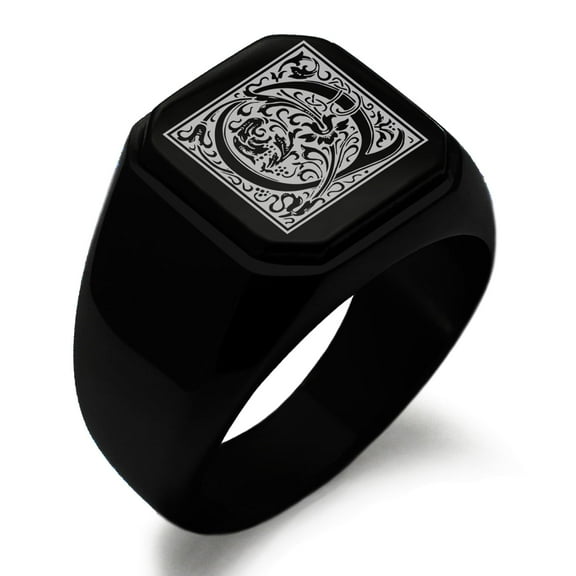 Tioneer Stainless Steel Letter Q Initial Floral Box Monogram Engraved Square Flat Top Biker Style Polished Signet Ring