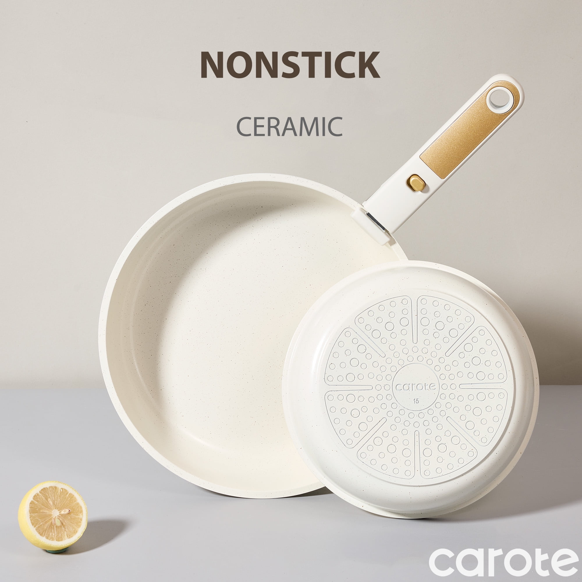 Carote 21 Pieces Pots and Pans Set with Detachable Handle, Ceramic Non Stick Non Toxic Kitchen Cookware Set with Induction, Oven/Dishwasher Safe, Granite White