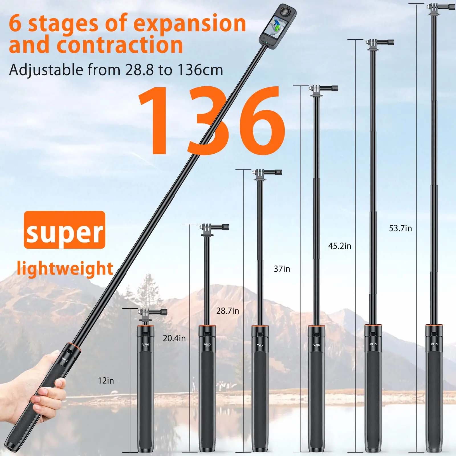 VRIG  TP-21 Mini Selfie Stick Handheld Tripod Stand for GoPro 12 11 10 9 Insta360 X4 Camera, With 1/4 inch Screw Design Maximum Height 136cm