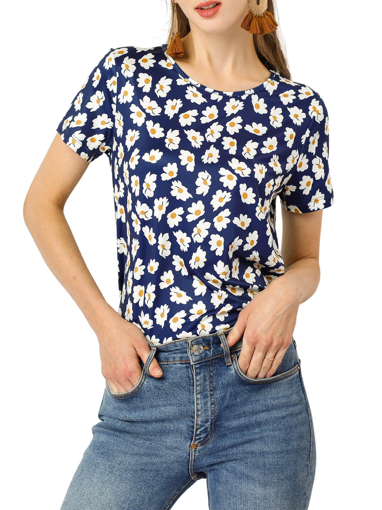 Unique Bargains Women's Daisy Floral Print Summer Crew Neck Short Sleeve Top