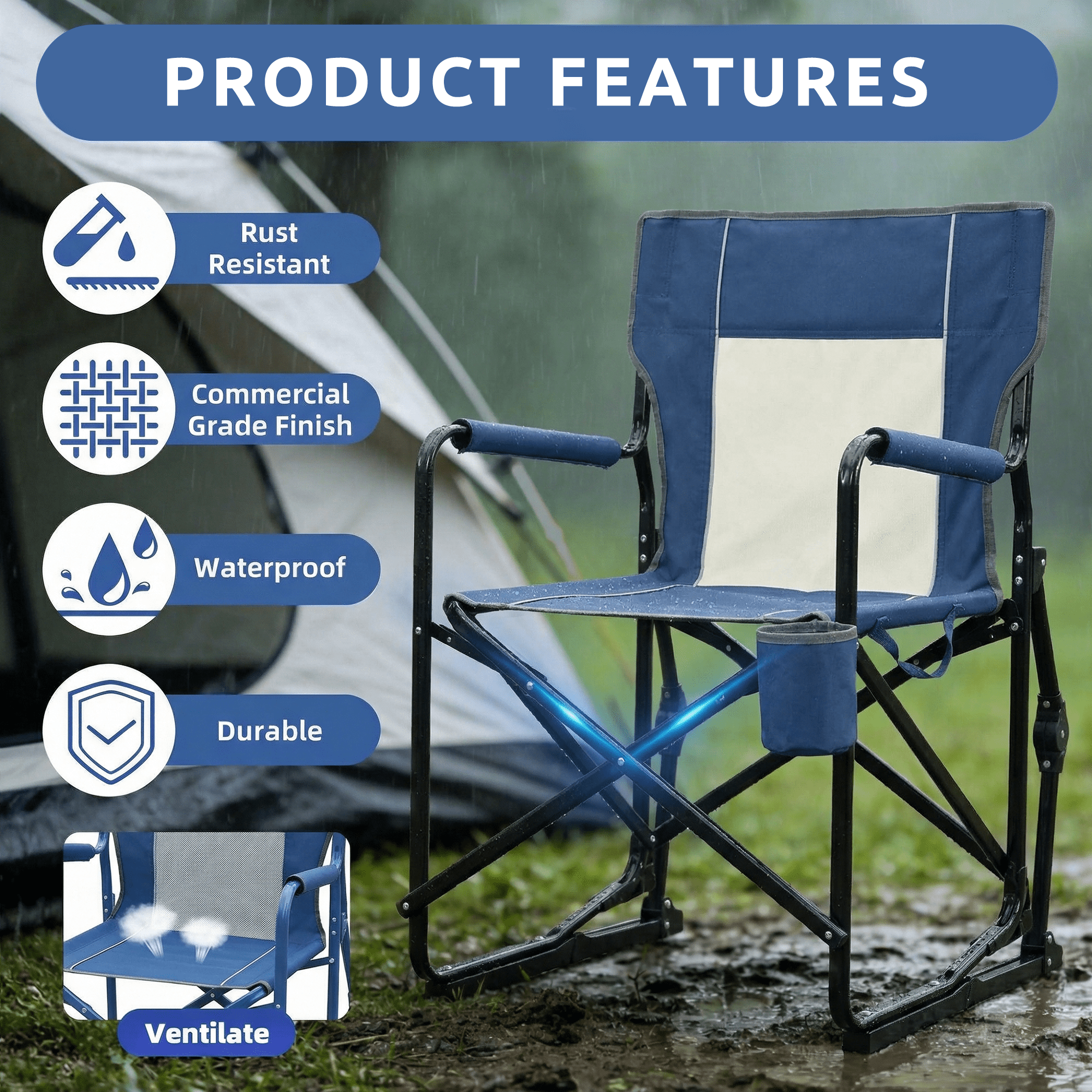 LIFERECORD Outdoor Rocker Camping Chair, Portable Folding Rocking Chair Waterproof Cup Holder, Mesh Back for Patio Beach Sports Events