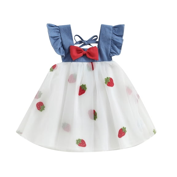 Baby Girls Summer Dress, Fly Sleeve Square Neck Strawberry Embroidery Tulle Dress Infant Outfit