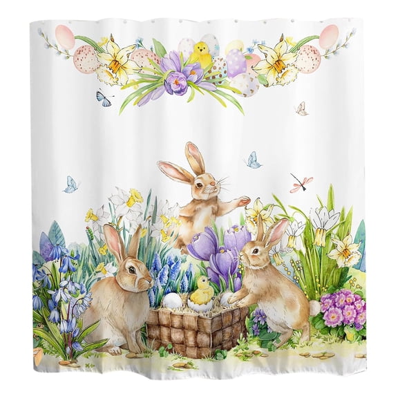 Spring Easter Bunny Shower Curtains for Bathroom, Cute Rabbit Floral Plant Watercolor Shower Curtain with 12 Hooks, Home Bathtubs Decor 47"x72"
