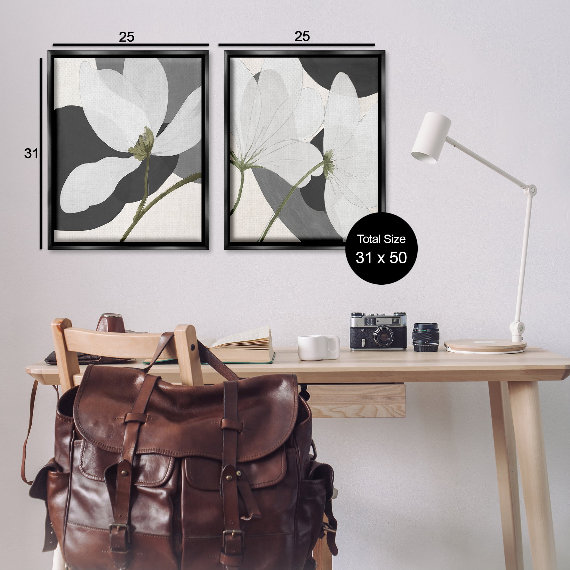 Stupell Industries Large White Petal Drawing Plants & Flowers Painting Black Floater Framed Canvas Art Print Wall Art, 31 x 25, Set of 2