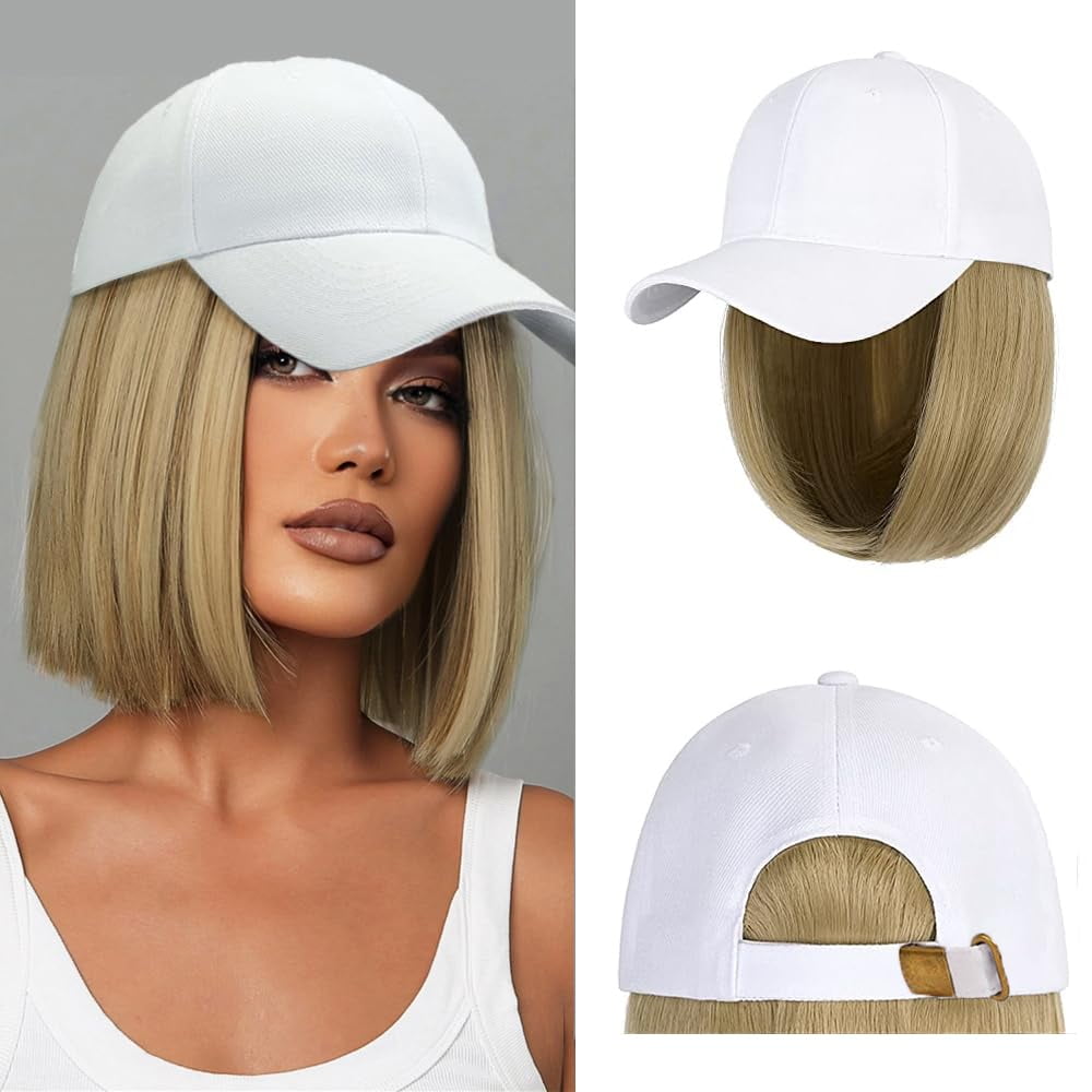YEKEYI Baseball Cap with Hair Extensions Hat Wig Adjustable Hat Attached Short Straight Synthetic Hairpiece for Women