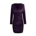 thumbnail image 6 of Womens Solid Color Wrap V Neck Long Sleeve Velvet Bag Hip Ruched Cocktail Party Dress, 6 of 6