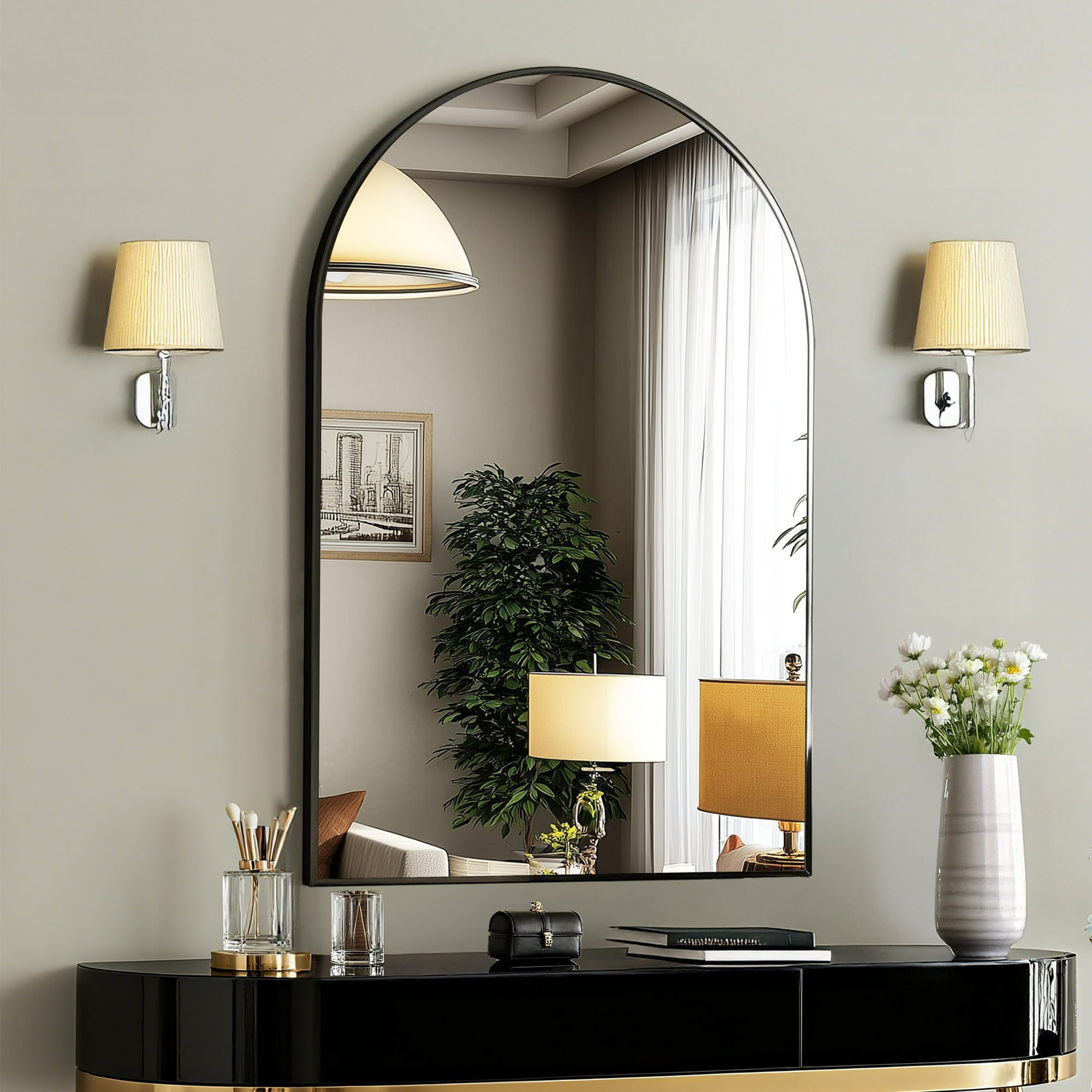 CONCETTA 24"x36" Bathroom Mirror, Decor Arched Wall Mirror, Bedroom Vanity Mirror with Metal Frame, Black