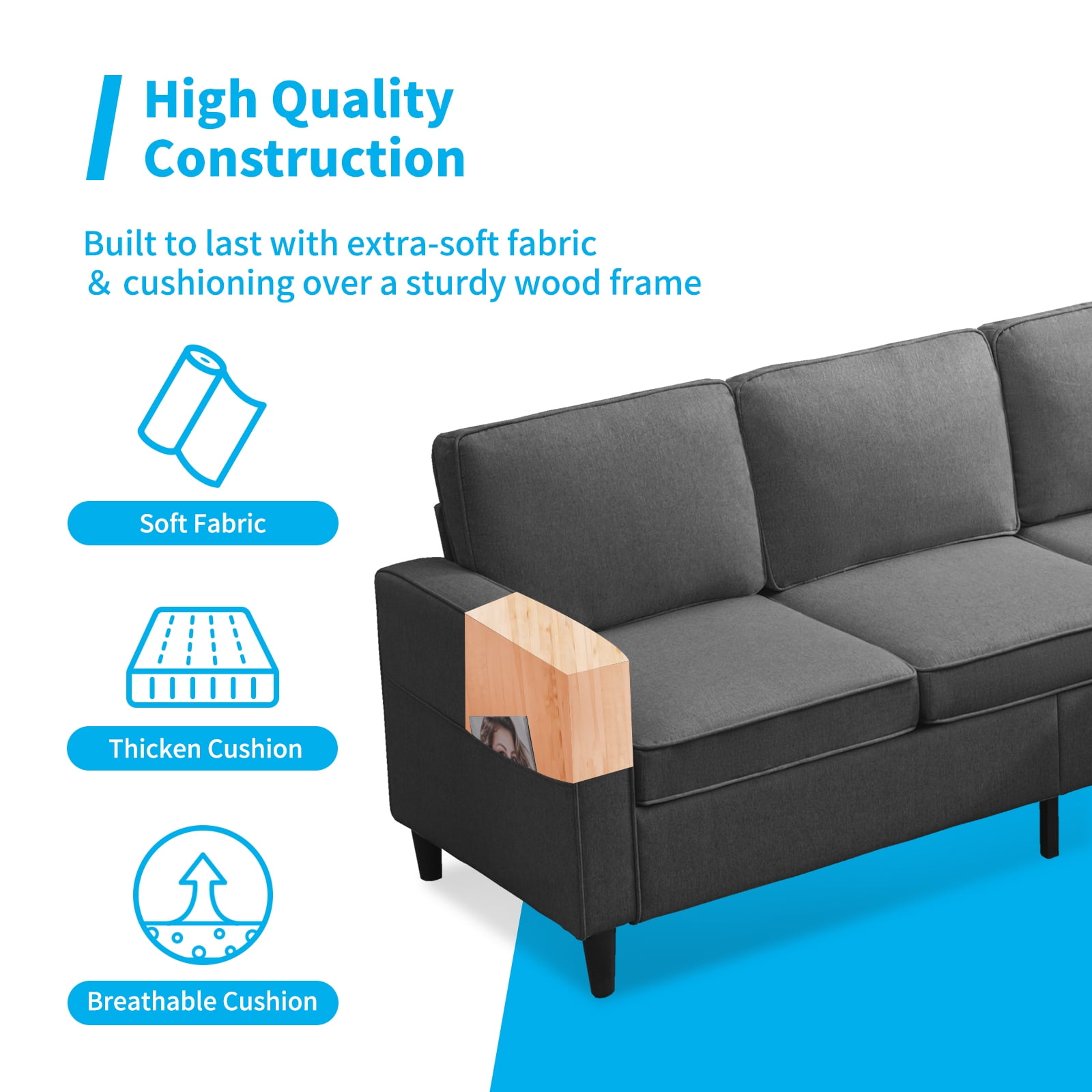 MUZZ 78’’w Small Sectional Sofa and Couch for Living Room, L Shaped 3 Seater Sofa with Storge Ottoman, Convertible Sectional Sofa Couch for Small Space, Dark Grey