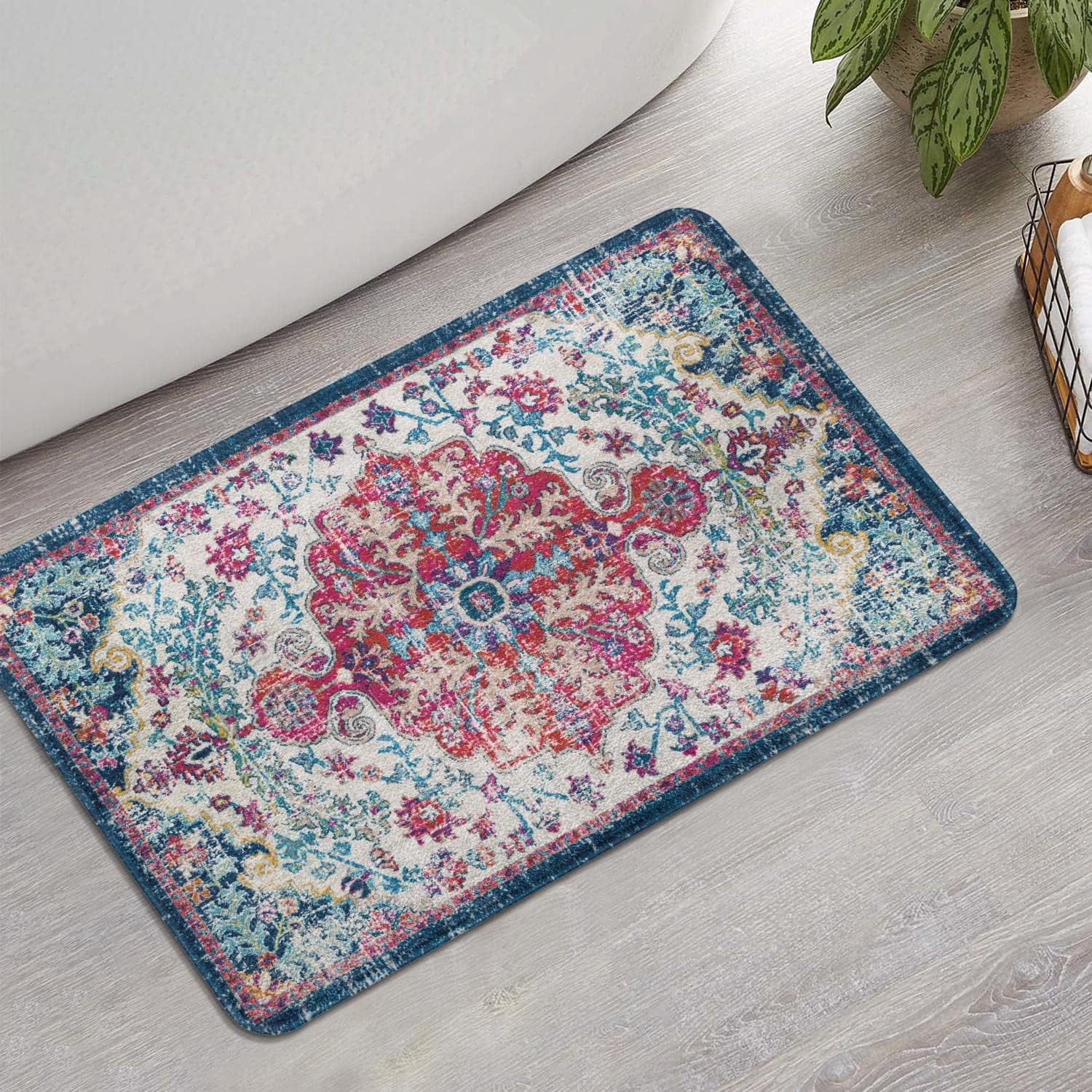 Bohemian Vintage Bathroom Rug Non-Slip Soft Bath Rug Machine Washable Oriental Persian Bathroom Mat Traditional Farmhouse Floral Floor Mat for Bathtub Shower Entrance, 17'''' x 27''''