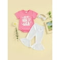 thumbnail image 2 of Suealasg 3Pcs Kid Toddler Baby Girls Birthday Clothes Set Short Sleeve Crew Neck Letters Print Romper/T-shirt +Flare Pants +Hairband 6M 1T 2T 3T 4T 5T Summer Outfits, 2 of 9