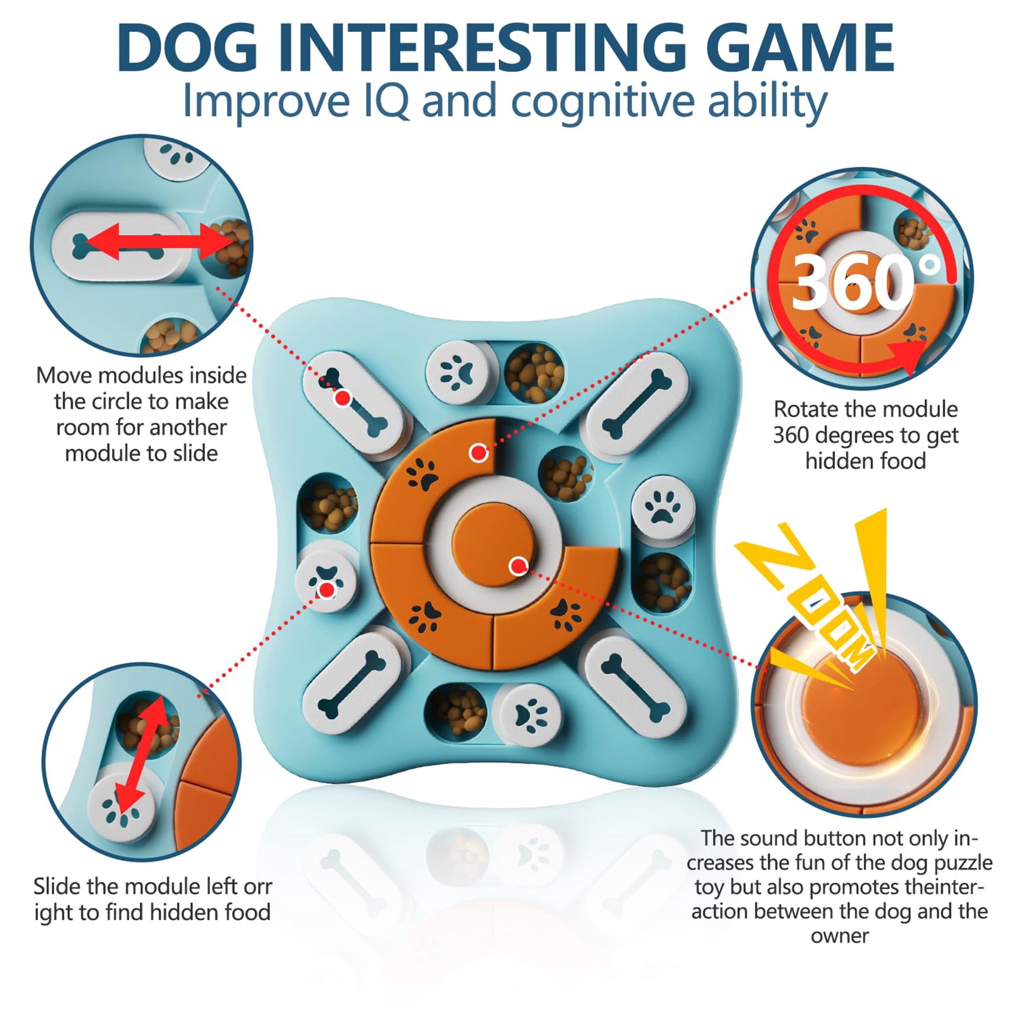 Interactie Dog Puzzle Toy for IQ Training, Mental Stimulation, Slow Feeding Fun, Enrichment Actiity with Squeaker, Sliding Treat Dispenser, Durable PP Material for Small Medium Large Dogs, Blue
