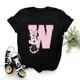 thumbnail image 3 of Camiseta de algodón para niños de Disney Minnie Mouse, divertida camiseta con estampado de 26 letras mayúsculas de la A a la Z, camisetas góticas para niñas, camisetas kawaii de verano, 3 of 5