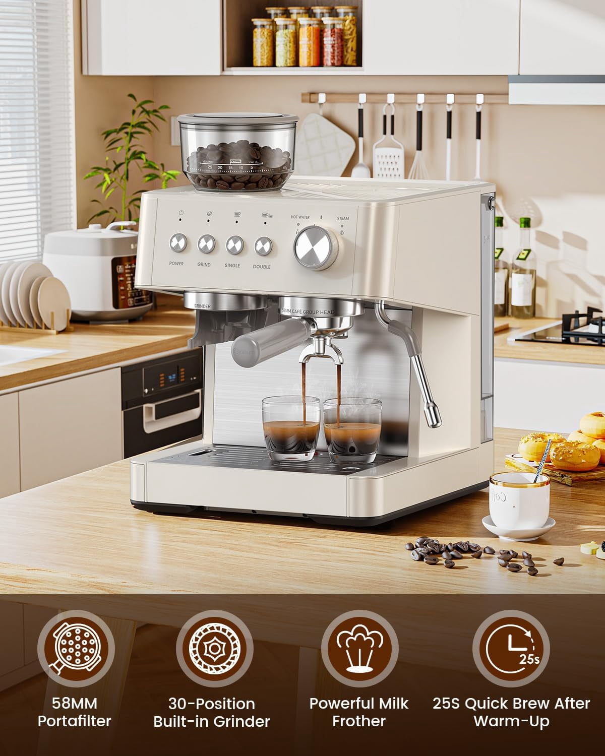 Moifoi Crema Supreme Espresso Machine with Conical Burr Anti-Clog Grinder and Steam Wand – ABS , New White
