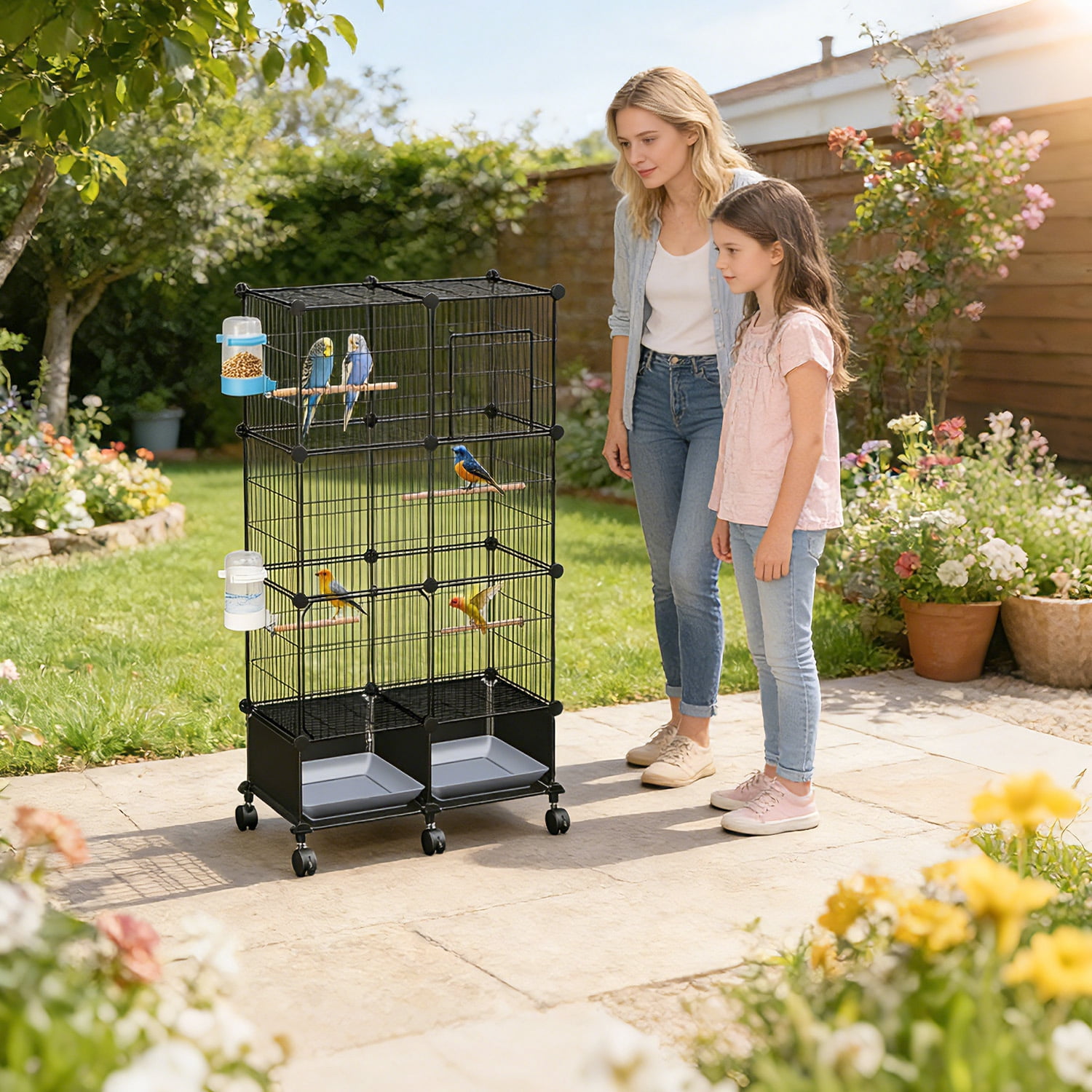 Zorpupoa 46in Spacious Indoor Bird Cage Pet Bird House with Lockable Wheels 2 Slide-Out Trays 4 Wooden Perches Feeder Set for Home Bird Care