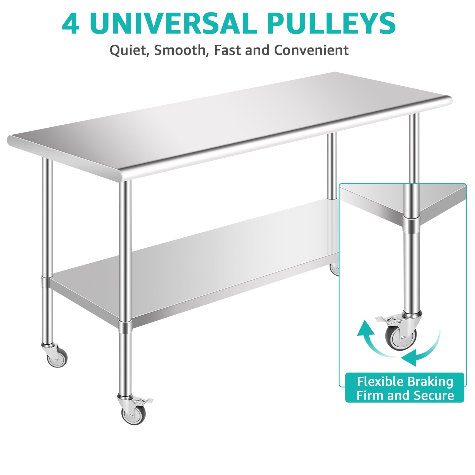 PRIJESSE Stainless Steel Work Table 60 x 30 Inch Stainless Steel Table w/ Undershelf, Casters, Commercial Kitchen Work & Prep Table