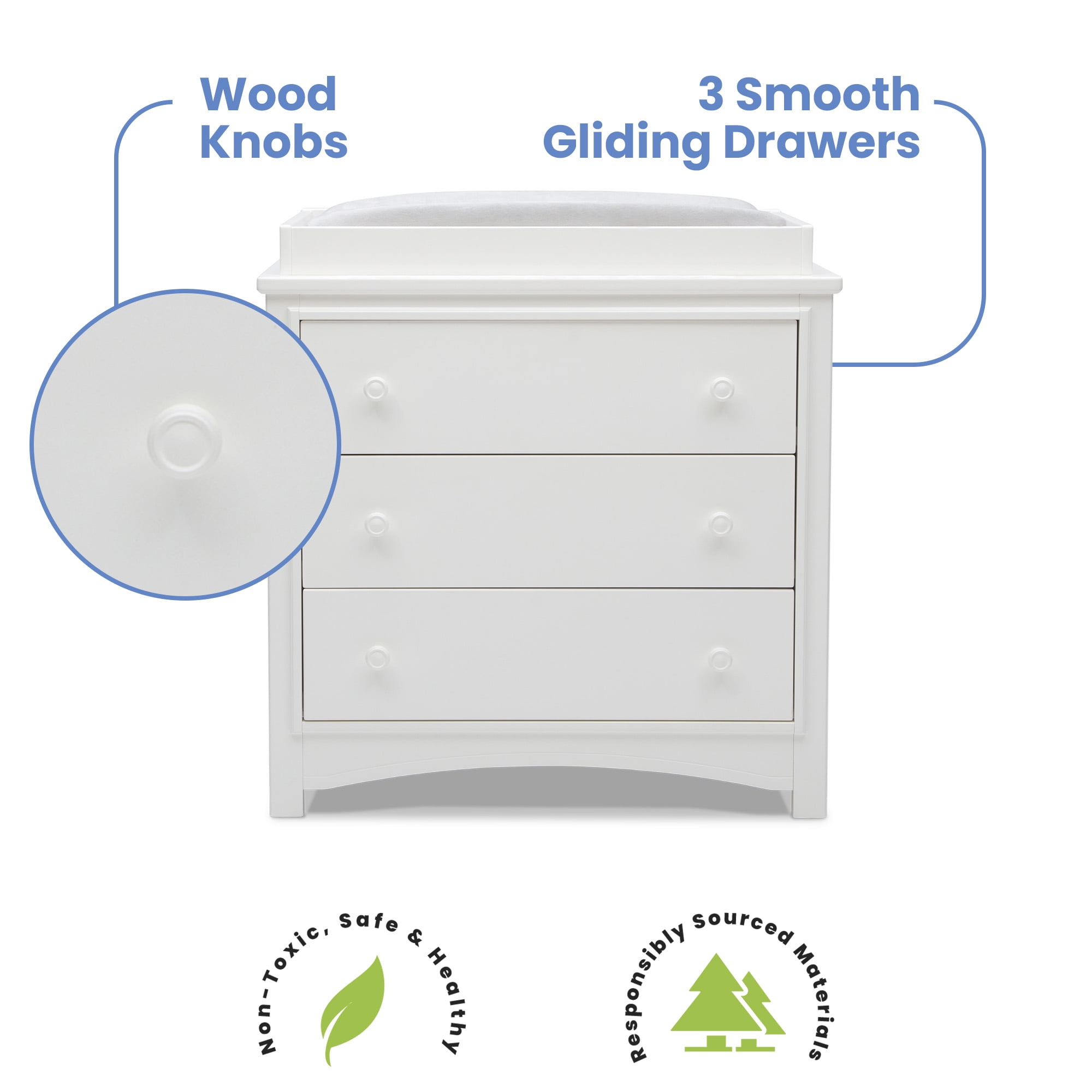 Delta Children Perry 3 Drawer Dresser with Changing Top and Interlocking Drawers, Bianca White