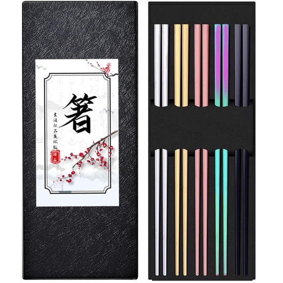 Stainless Steel Chopsticks Reusable Metal Chopsticks Set, Dishwasher Safe Non-Slip Food Sticks Tableware, 5 Colors Family Pack for Sushi Ramen