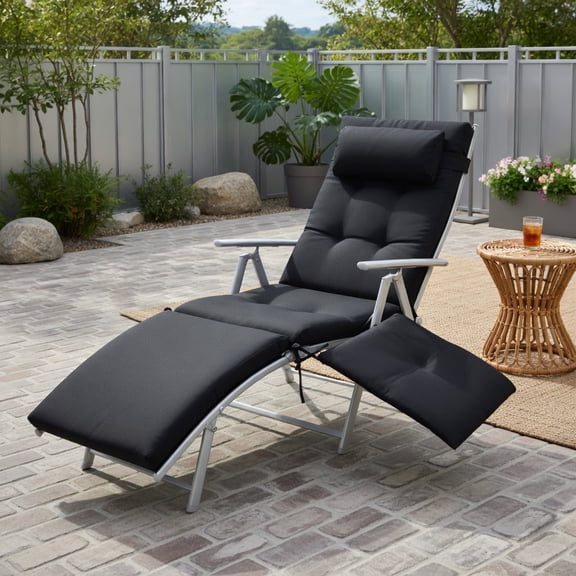 Adjustable Folding Chaise Lounge Chair for Outdoor Use – Lightweight Steel Frame, Removable Pillow & Cushion, 7-Position Ergonomic Backrest – Black, Gray, Blue