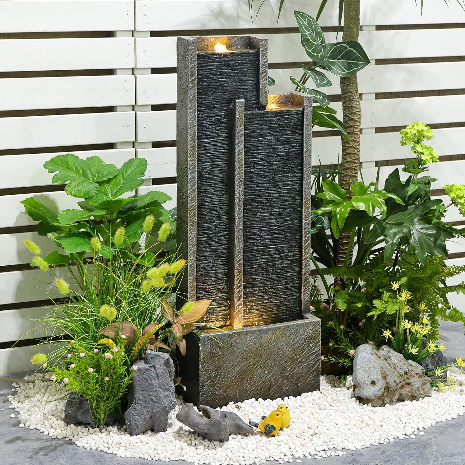 Water Fountain Outdoor Garden- 35.43 Inches Square Outdoor Water Fountains Indoor with Led Lights Floor Standing Waterfall Fountain for Backyard and Garden Small Porch Home,Deck