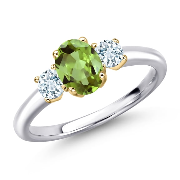 Gem Stone King 10K Two Tone Gold Green Peridot and Sky Blue Aquamarine Engagement Ring for Women | 1.24 Cttw | Oval 7X5MM | Gemstone August Birthstone | Size 7