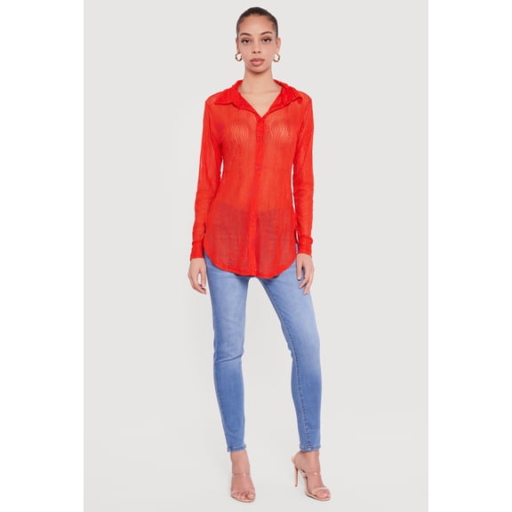 Women's Swirl Mesh Button Front Tunic Shirt
