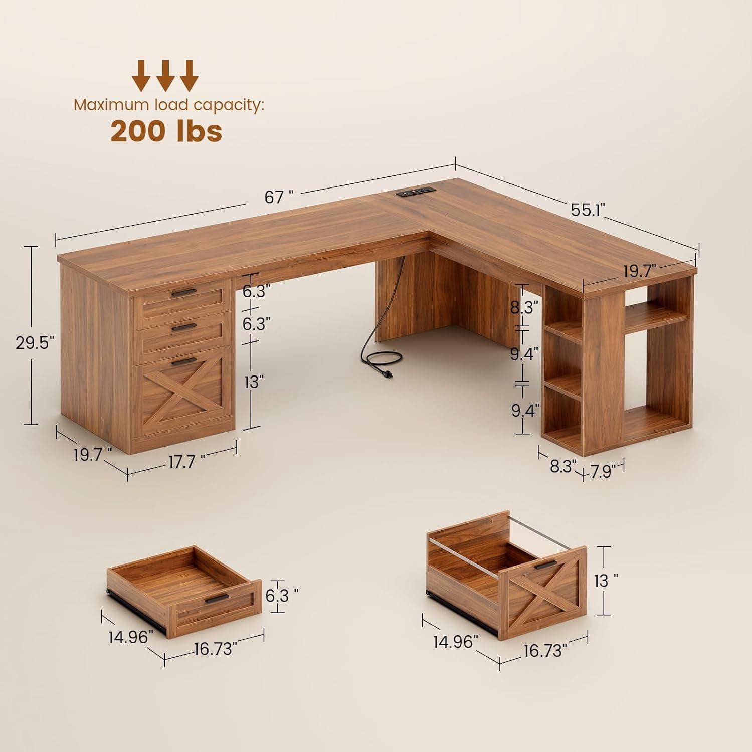 Farmhouse L Shaped Desk with Storage, Home Office Desk with Power Outlets & File Drawer, Corner Computer Desk with Spacious Desktop & Open Shelves, Office Desk with 3 Drawers for Bedroom, Brown
