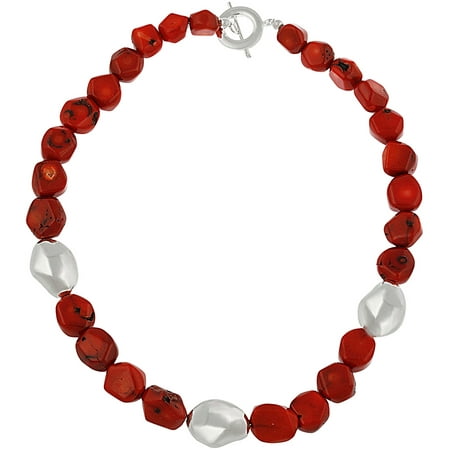 Coral and Silver Nuggets Sterling Silver Station Necklace, 16