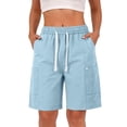 thumbnail image 2 of Domuza Women's Cargo Shorts Casual High Waisted Bermuda Shorts Summer Trendy Outdoor Hiking Elastic Waist Outfits with Pockets Light Blue L, 2 of 8