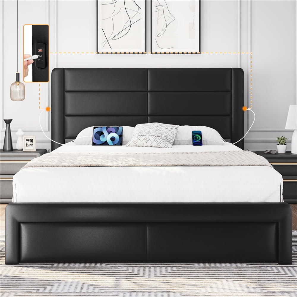 Yaheetech Upholstered Queen Bed with 3 Storage Drawers and BuiltIn USB