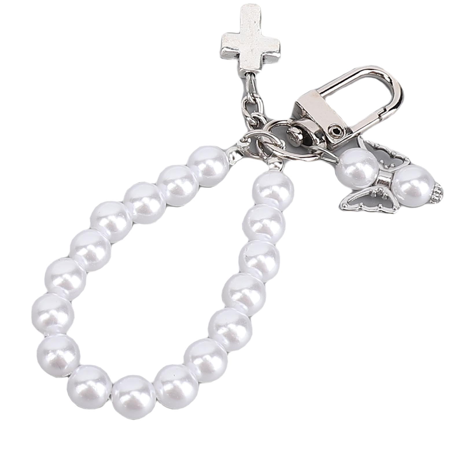NFTIGB 20 Set Pearls Crosses Keychains with Organza Bags Tags and 32.8 Feet / 10m Hemp Rope, Multifunctional Pearl Beaded Key Rings Party Favors for Baptisms Religious Celebrations