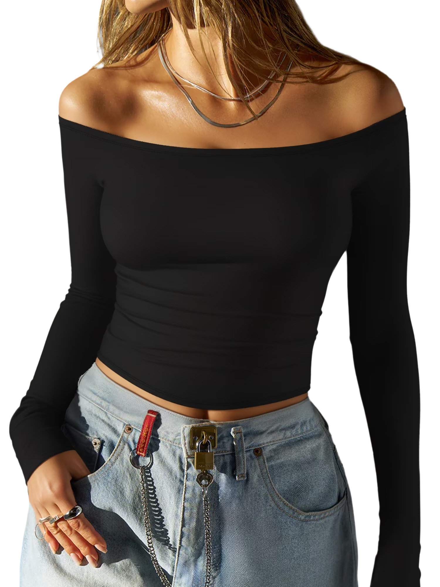 MOYIKO Off The Shoulder Tops For Women Fitted Long Sleeve Shirts Elegant
