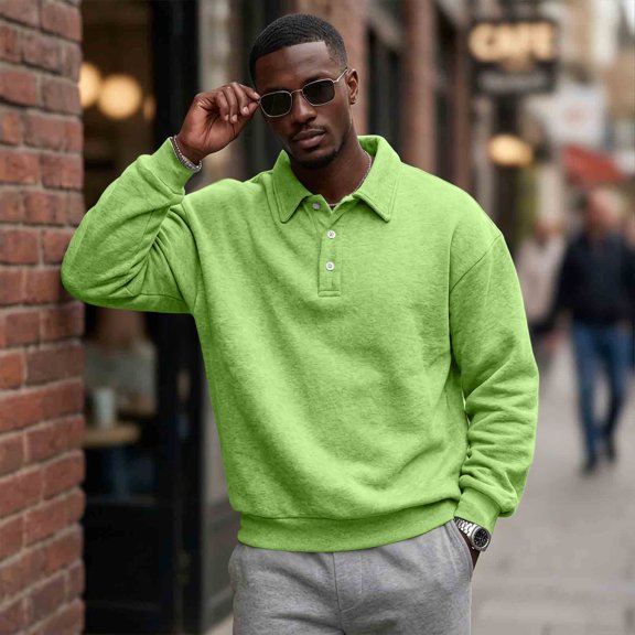 Dwellite Mens Sweatshirt Pullover Sweater Casual Long Sleeve Collared Quarter Button Sweaters Green M