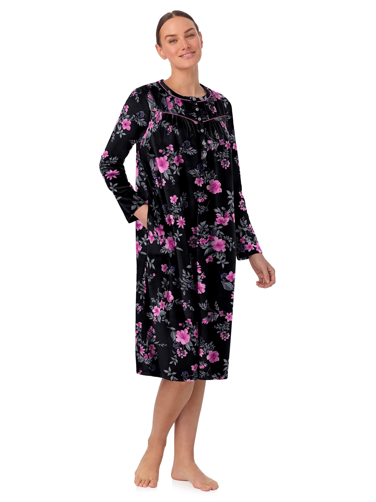 Aria Women’s Long Sleeve Strech Velour 44" Sleepwear Gown with Braided Trim, Sizes XS-5X