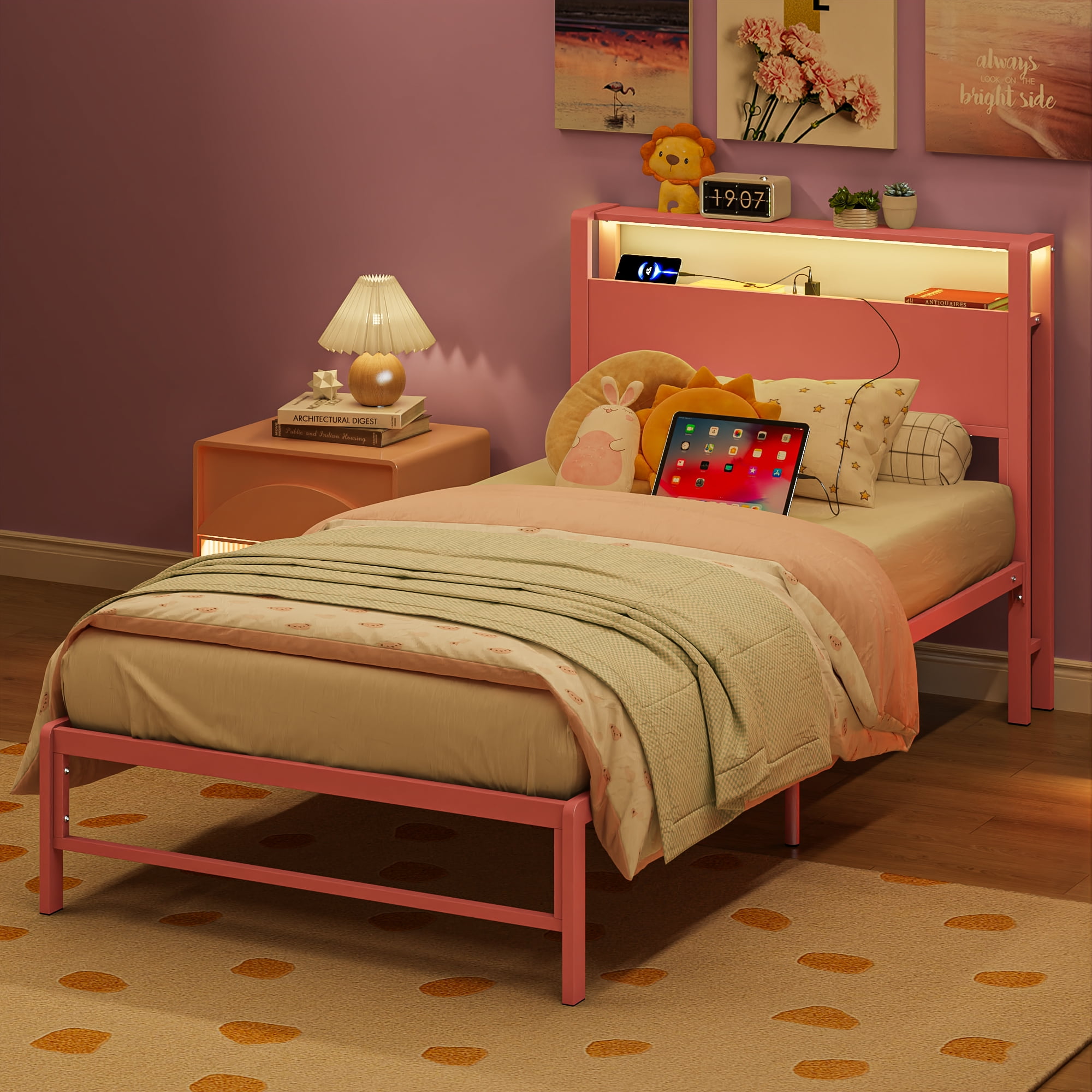 Yoneston Power Outlet LED Light Twin Metal Platform Bed Frame with 2-Tier Storage USB Port Charging Station Headboard for Kids Boys Girls Adults, Pink
