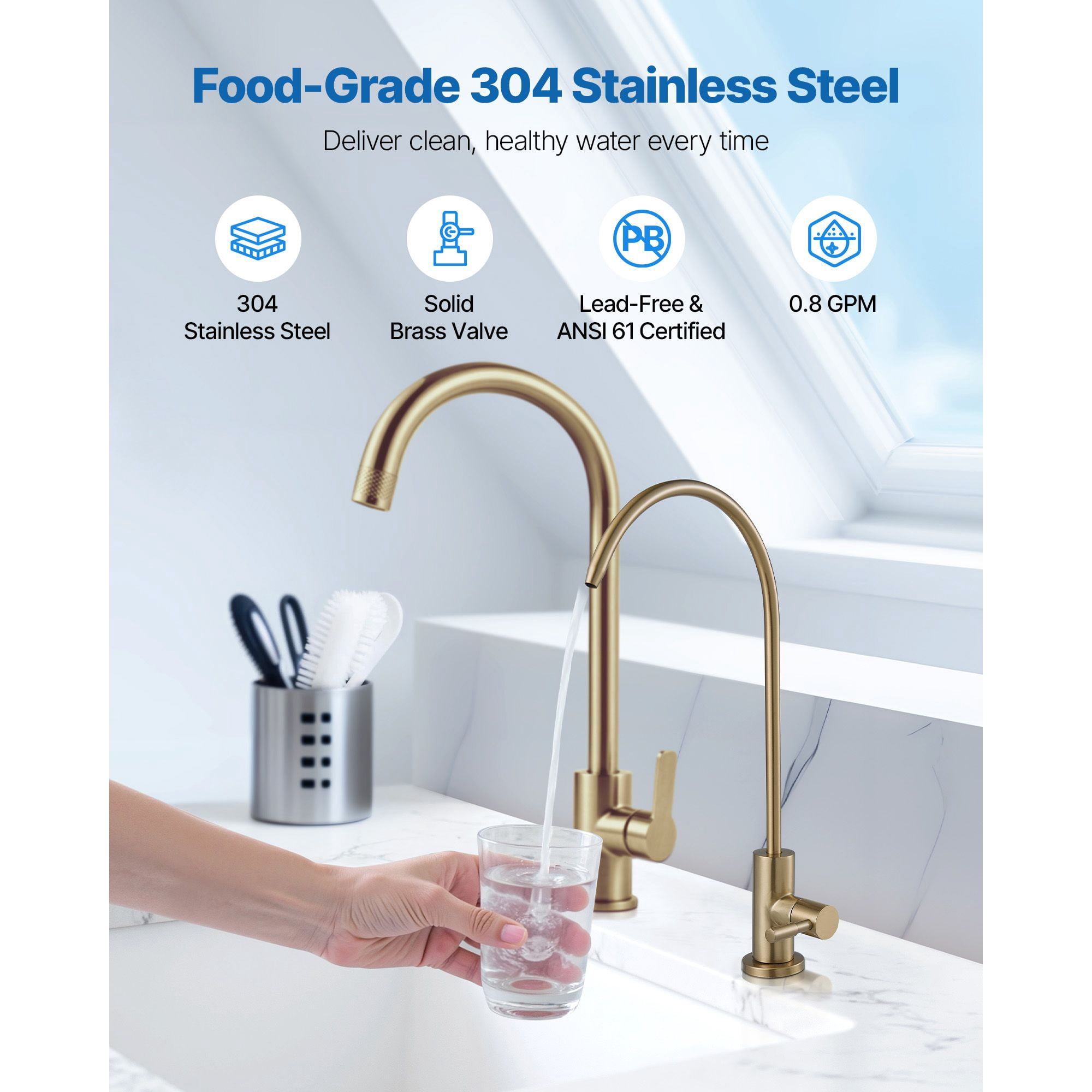 Drinking Water Filter Faucet, 304 Stainless Steel with Lead-Free Brass Valve, 360° Swivel Gooseneck, O-Ring Seal, Compatible with RO Systems for Kitchen RV