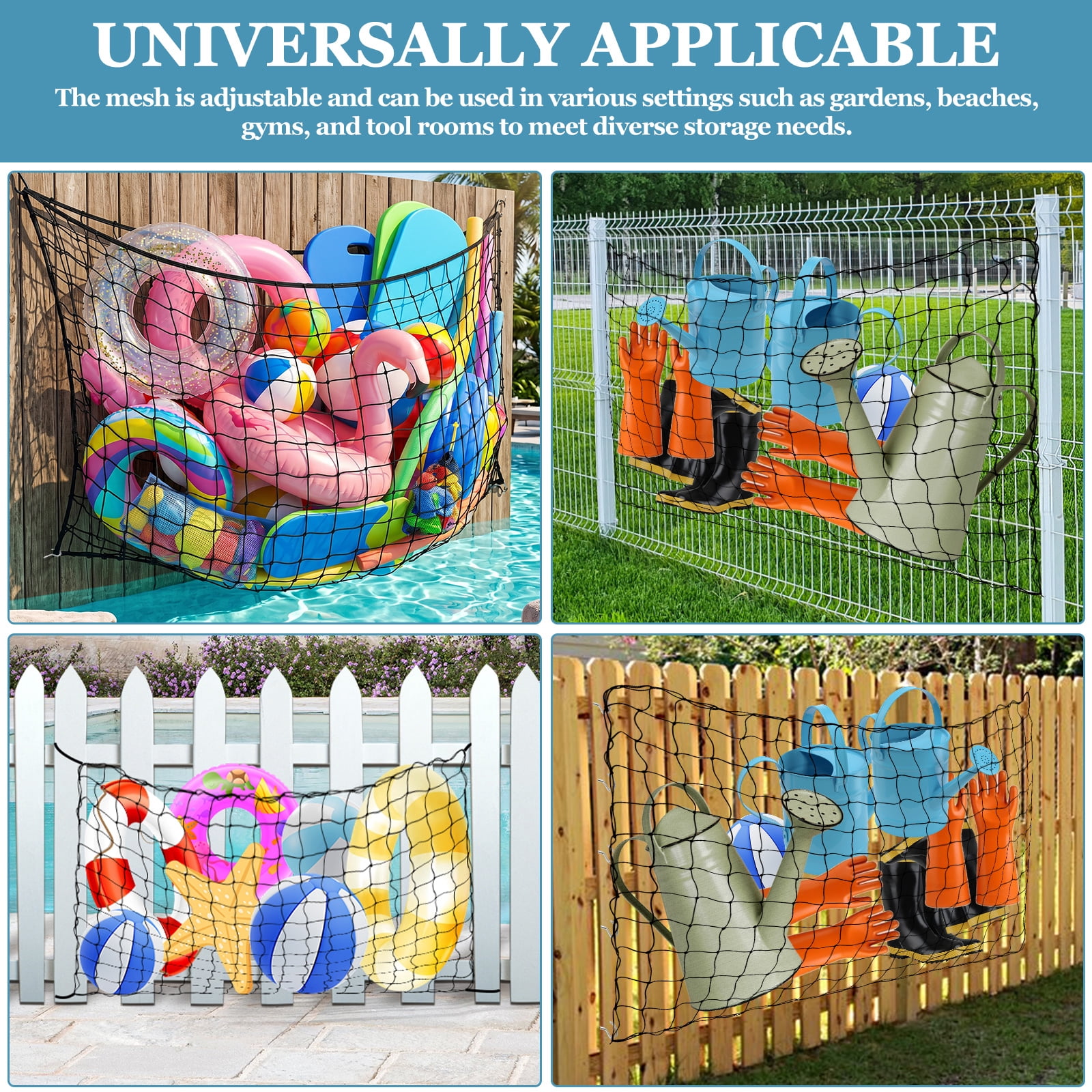 Grusce Pool Float Net Storage Bag, 71" x 45" Large Hanging Pool Toy Storage Mesh Net, Adjustable Poolside Fence Organizer for Swimming Ring Balls Inflatables with 10 Hooks & 10 Cable Ties