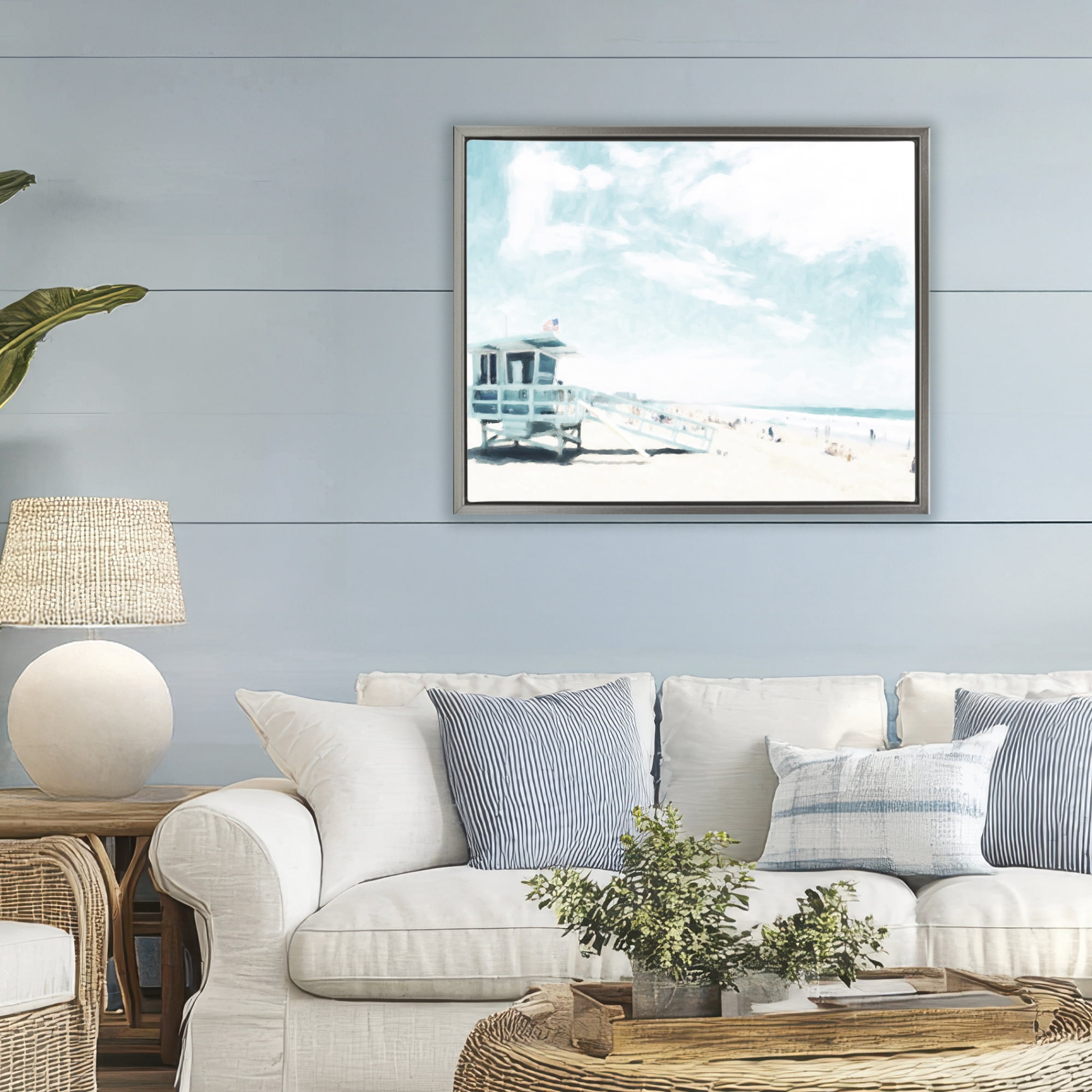 Stupell Industries Blue Beach Station Gray Framed Floater Canvas Wall Art, design by Kim Curinga