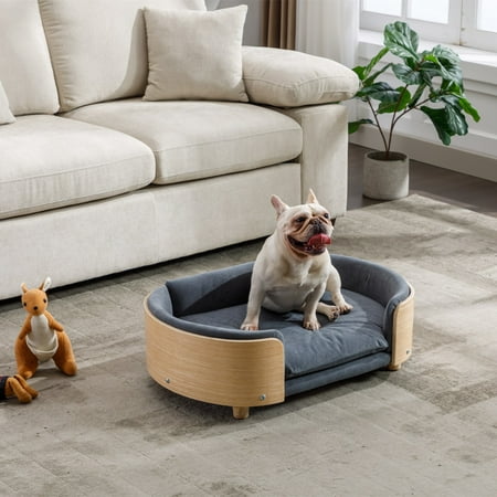 Noble House Mid-Size Scandinavian Elevated Dog Bed, Pet Sofa with Solid Wood Frame, Dark Gray and Natural