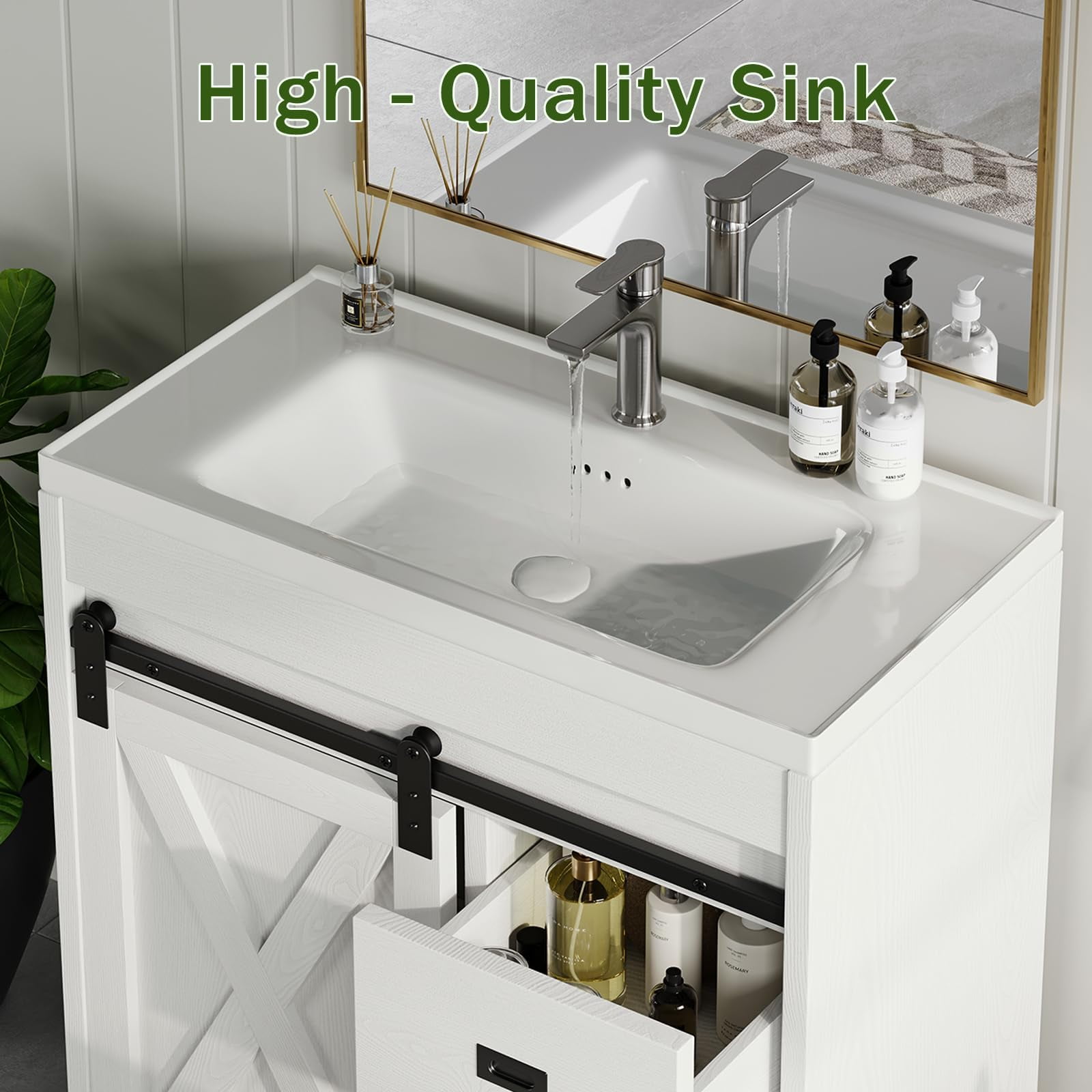 DreamCurship 32" Bathroom Vanity with Sink Combo, White Bathroom Storage Cabinet with Drawers, Farmhouse Bathroom Vanity Cabinet with Sliding Barn Doors, White