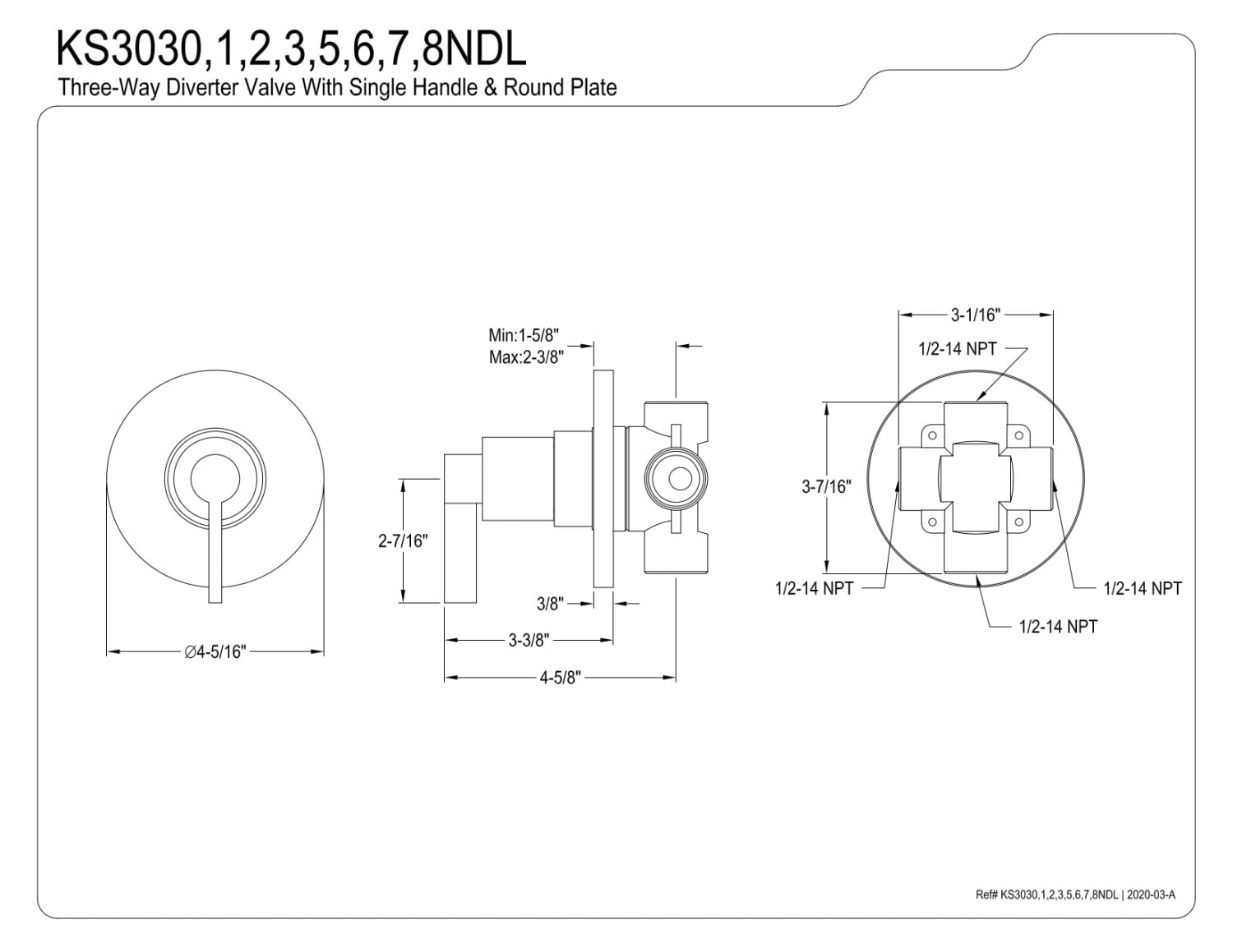 Kingston Brass KS3032NDL NuvoFusion 3-Way Diverter Valve with Trim Kit, Polished Brass