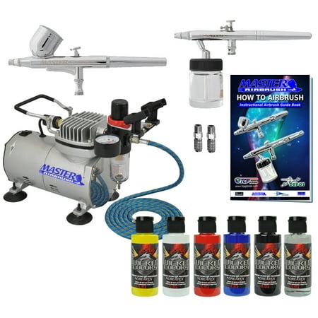 2 Airbrush Kit 5 Wicked Colors Air Compressor Dual-Action Createx Hobby Set