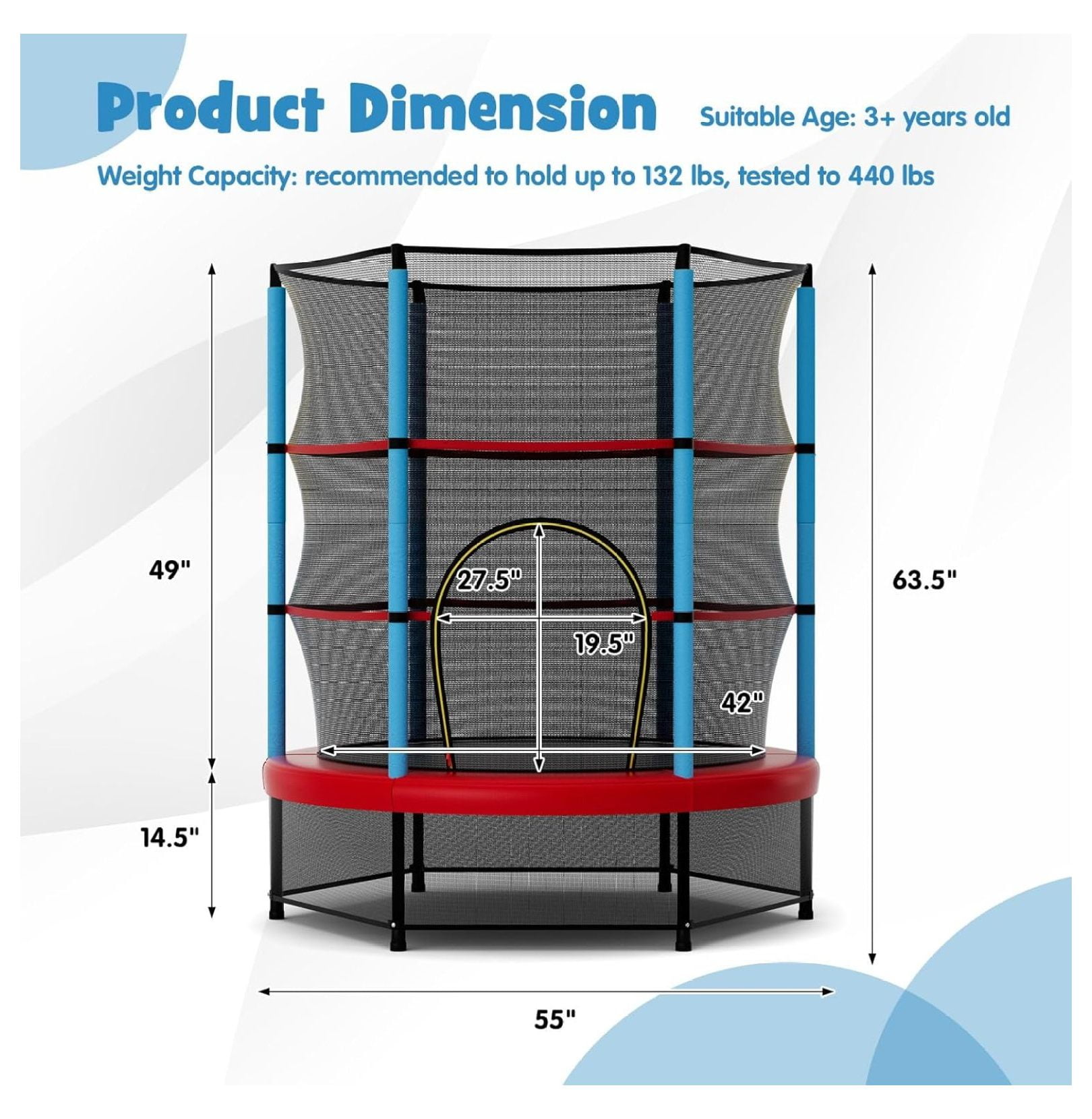 XYX Trampoline for , 55” Toddler Trampoline with All Round Enclosure Net, Safety Pad & Large Access, Indoor/Outdoor Mini Rebounder for Backyard Apartment