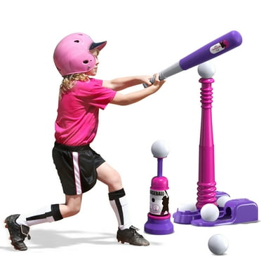 QDRAGON 2 in 1 T Ball Sets for Kids 3-5 5-8, Tee Ball Set with Automatic Pitching Machine/Adjustable Batting Bat & Stand/6 Balls, Baseball Toys Outdoor Sport for Toddlers Girls, Pink