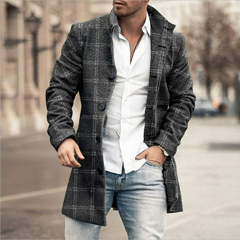 Men's Plaid Wool Coat Casual Notch Lapel Single Breasted Mid Long Trench  Pea Coat Winter Slim Fit Formal Business Wool Jacket Overcoats