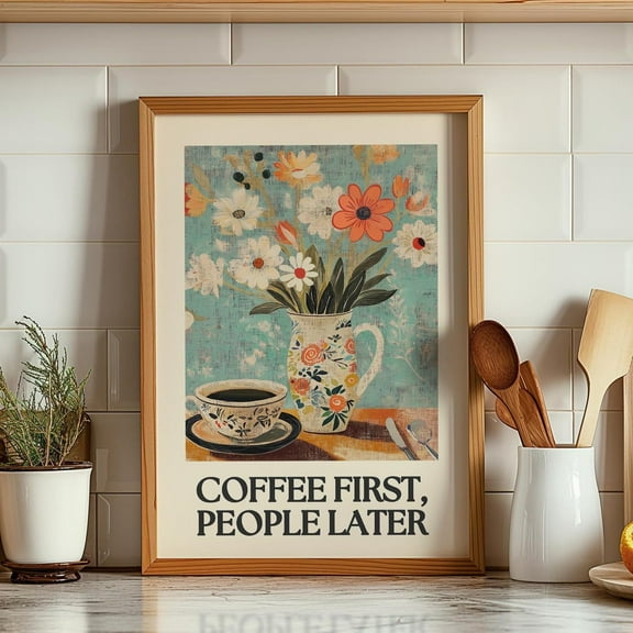 Coffee First Retro Wall Decor Art Coffee Cart Print Coffee Lover Poster Trendy Retro Poster Maximalist Wall Artwork Wall Art, Modern Wall Decor, 8x12 UNFRAMED