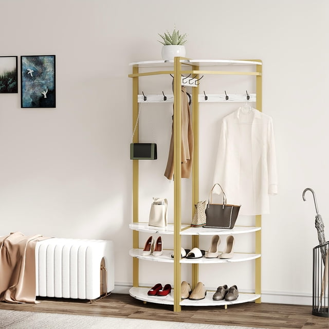 Cherish Freestanding Corner Coat Rack with Shelves and Bench for Entryway