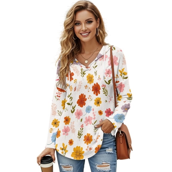DISNIMO Floral Printed Sweatshirts for Women Long Sleeve Hoodies Waffle Pullover Tops Fall Winter Outfits, S